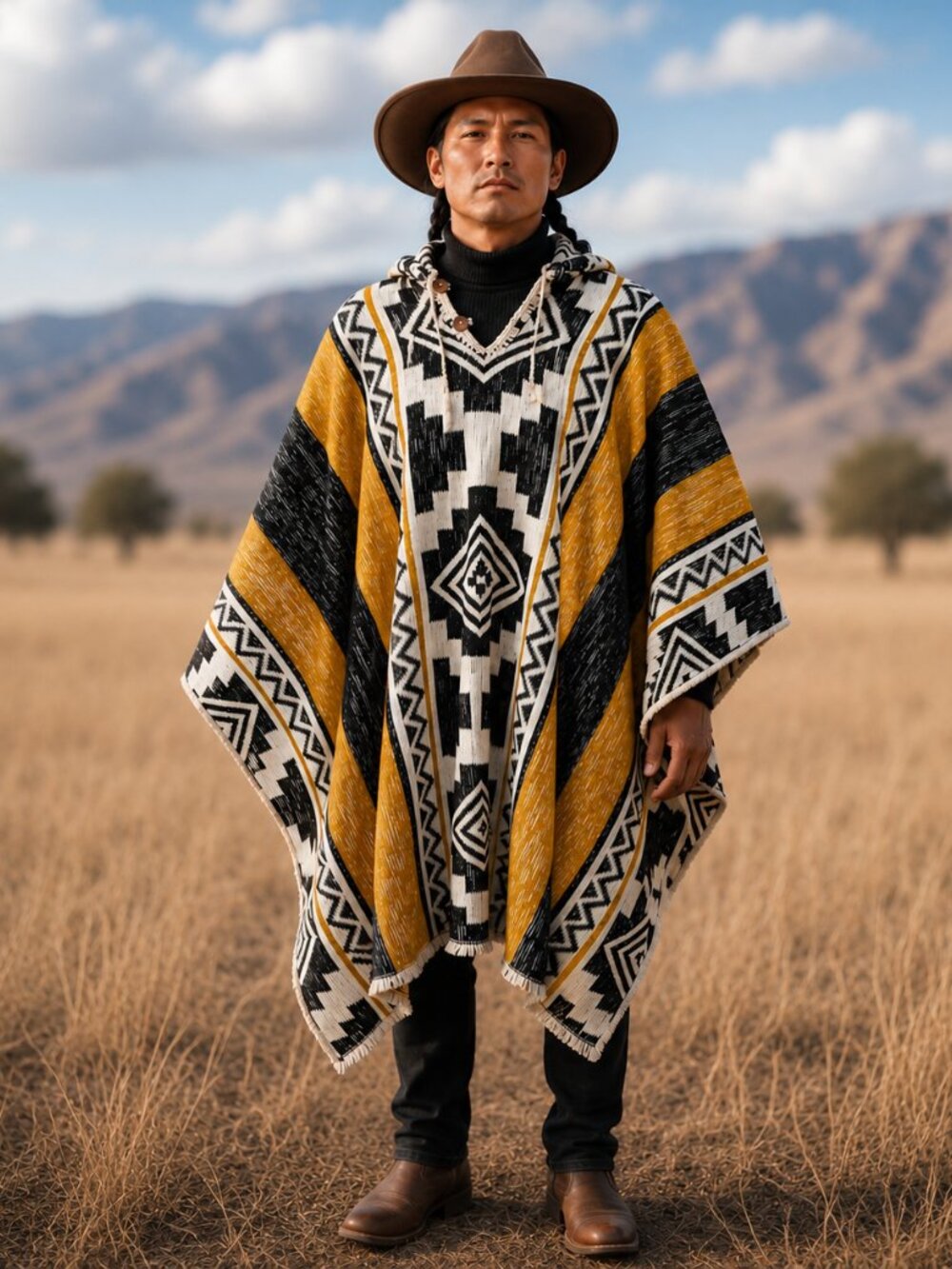 Handwoven Hooded 100% Andean Wool Poncho Unisex Pullover One Size Coat